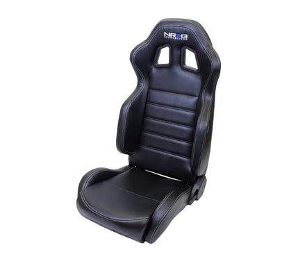 NRG Reclinable Racing Seat : ( Black Leather with White Stitching )