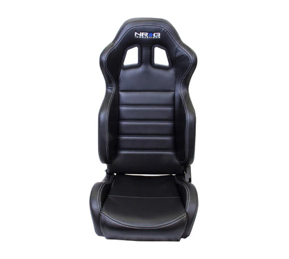 NRG Reclinable Racing Seat : ( Black Leather with White Stitching )