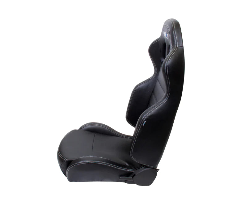 NRG Reclinable Racing Seat : ( Black Leather with White Stitching )