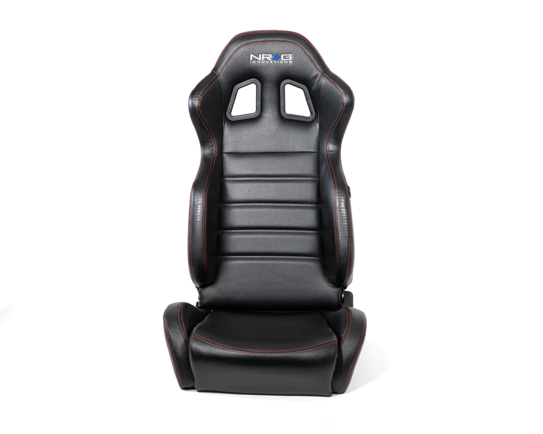 NRG Reclinable Racing Seat : Black Leather, Red Stitching w/ Logo