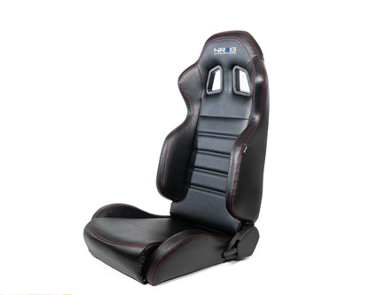 NRG Reclinable Racing Seat : Black Leather, Red Stitching w/ Logo