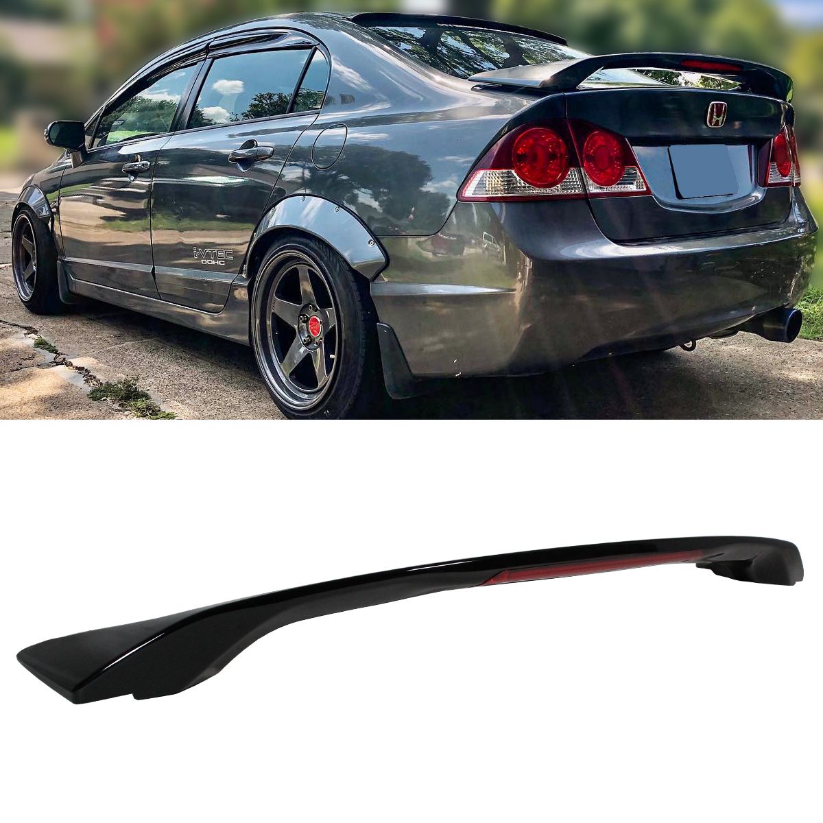 DWA 06-11 HONDA CIVIC SEDAN GLOSS BLACK RS STYLE JDM TRUNK SPOILER WING W/ LIGHT